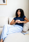 Women summer pajama set Dark Blue T-shirt + Light Blue X White Stripes Pants
